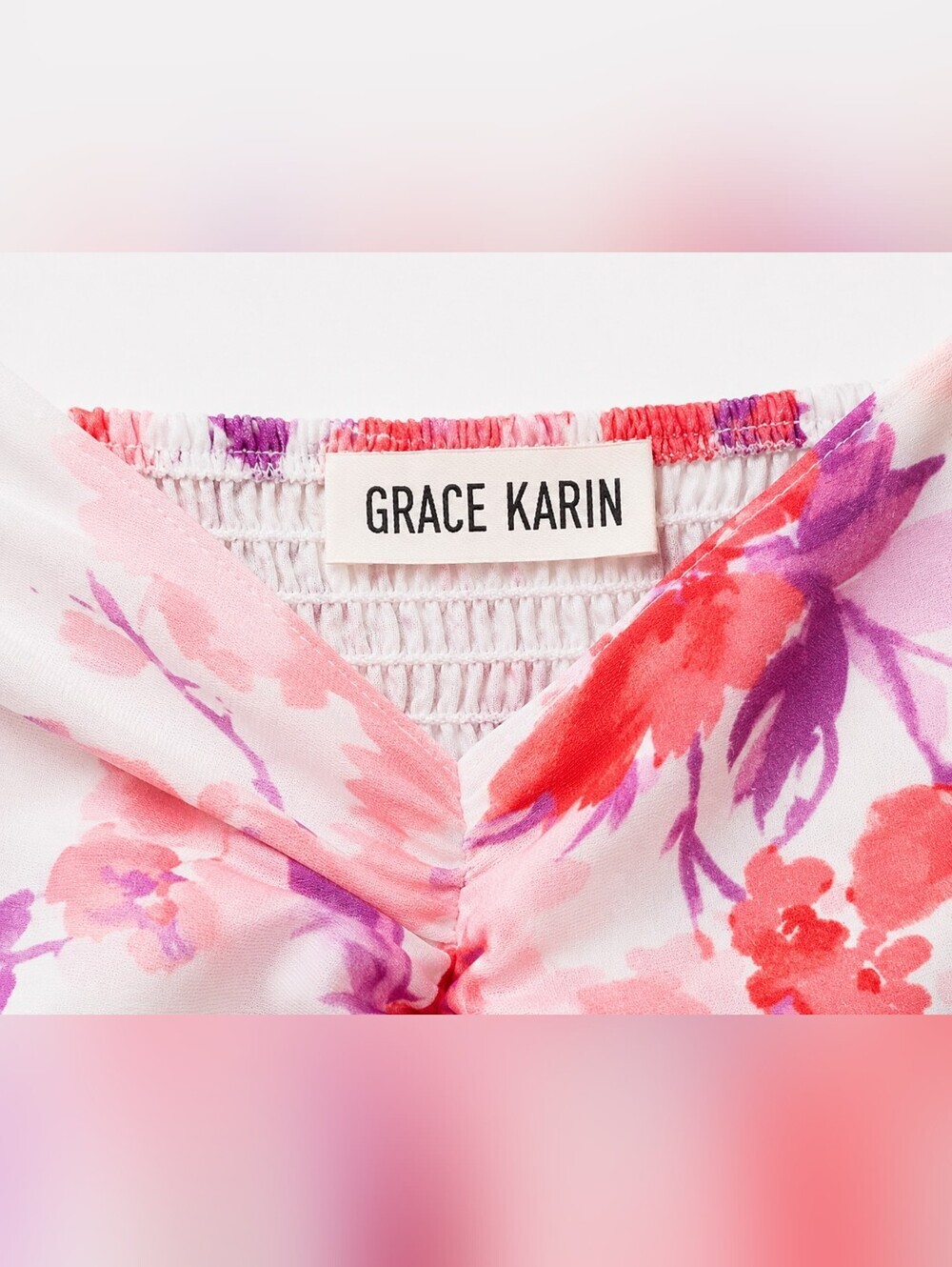 Grace Karin Floral Maxi Dress Pink Purple Watercolor Print Smocked Waist Size 8 - Picture 7 of 7